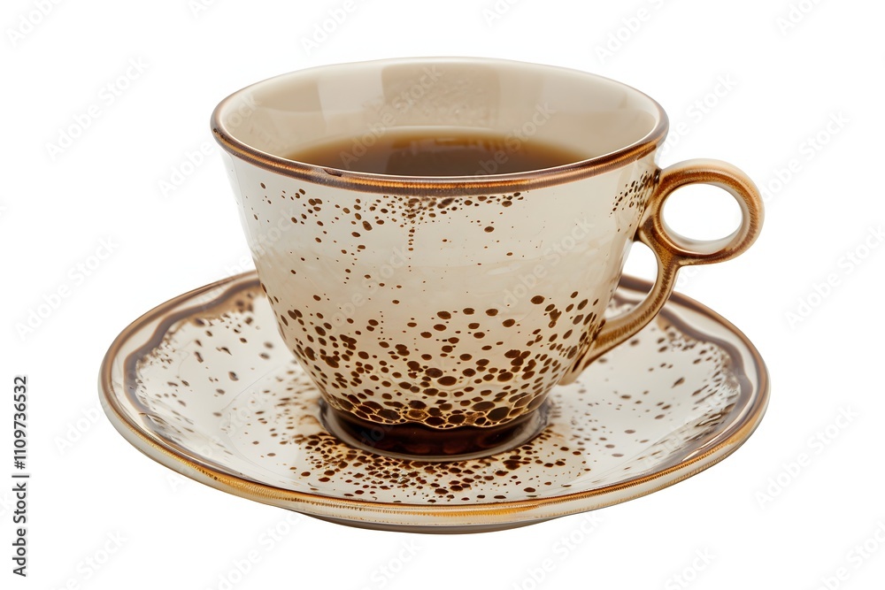 A cup of coffee sits on a saucer. The cup and saucer are off-white with brown speckles. A cup of coffee sits on a saucer. The cup and saucer are off-white with brown speckles.