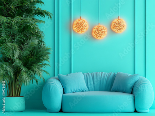 cozy turquoise room with plush sofa and glowing brain shaped lights.