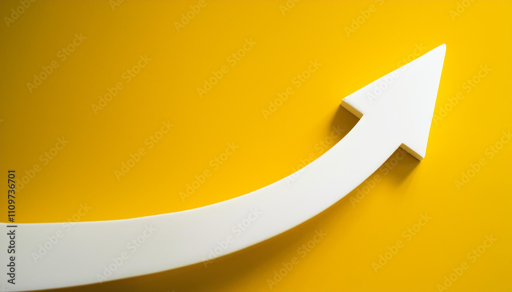 Glowing white arrow rise up on yellow background. Investment, business growth. Copy space. Glowing white arrow rise up on yellow background. Investment, business growth. Copy space.