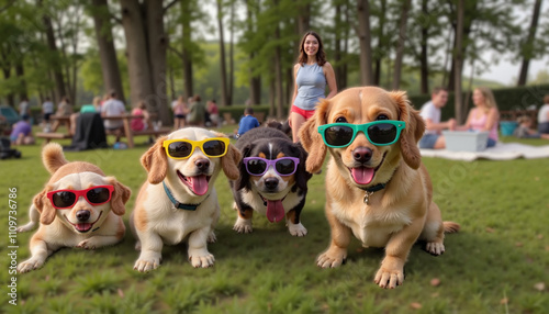 Happy dogs wearing colorful sunglasses posing with a woman at a sunny outdoor picnic