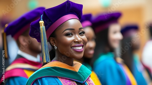 Smiling African American female graduate in colorful doctoral regalia at graduation ceremony.