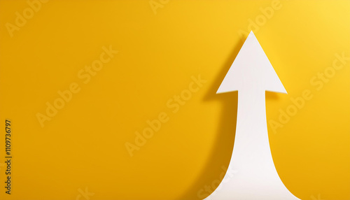 Glowing white arrow rise up on yellow background. Investment, business growth. Copy space.