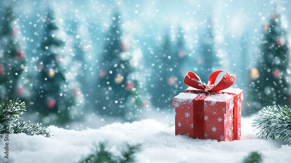 A Christmas gift box on winter snow with a background of Christmas trees, including space for text. A Christmas gift box on winter snow with a background of Christmas trees, including space for text.