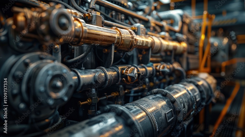 Close-up of a powerful industrial engine's intricate components and metallic parts. Close-up of a powerful industrial engine's intricate components and metallic parts.