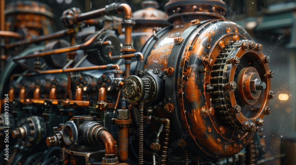 Close-up of a weathered copper steampunk engine. Close-up of a weathered copper steampunk engine.
