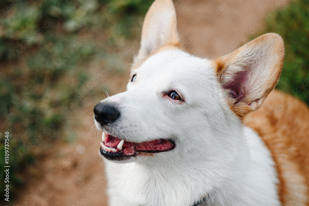 red and white Welsh Corgi Pembroke sits on trail in park with green grass in sunny summer day, looks up at owner, walking in park, dogwalking concept red and white Welsh Corgi Pembroke sits on trail in park with green grass in sunny summer day, looks up at owner, walking in park, dogwalking concept