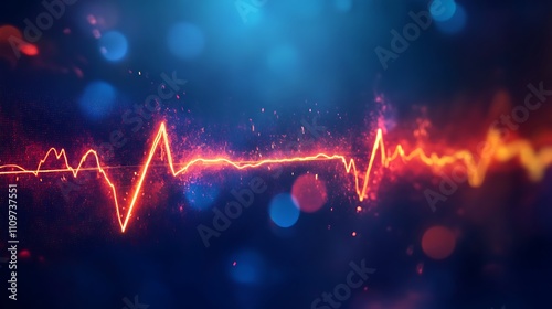 Abstract glowing red and orange heartbeat line on dark blue background with bokeh effect.