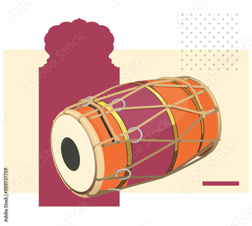 Dholak - a two-headed hand drum as a folk percussion instrument - Stock Illustration
