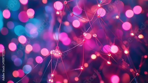 Abstract pink and blue glowing network bokeh background.