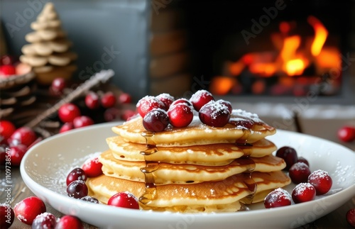 Christmas pancakes with cranberries on a festive background photo