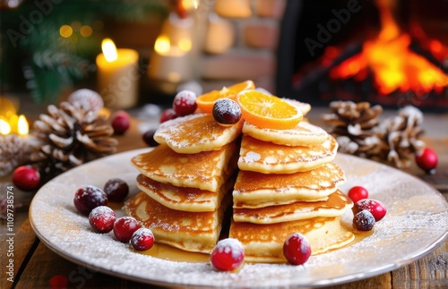 Christmas pancakes with cranberries and oranges on a festive background photo