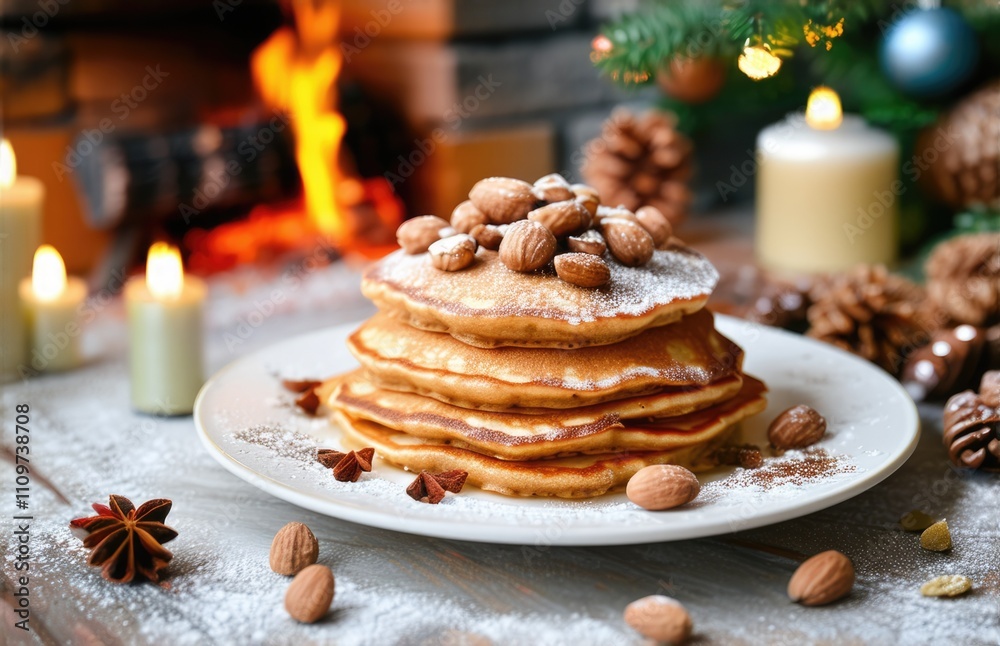 Christmas pancakes with nuts and cinnamon on a festive background Christmas pancakes with nuts and cinnamon on a festive background