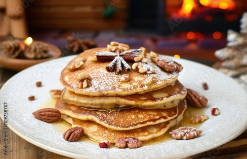 Christmas pancakes with nuts and cinnamon on a festive background