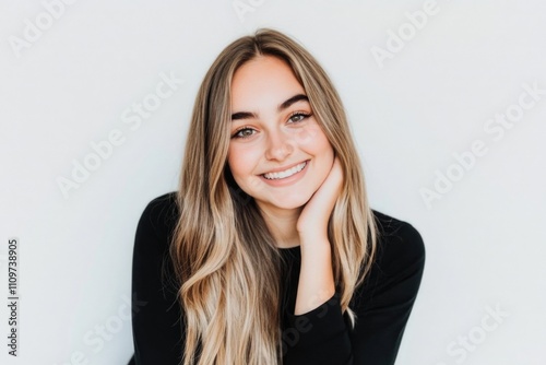 Smiling young caucasian female in black top with long blonde hair