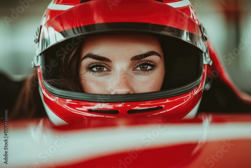 Female race car driver in red helmet focused on track photo