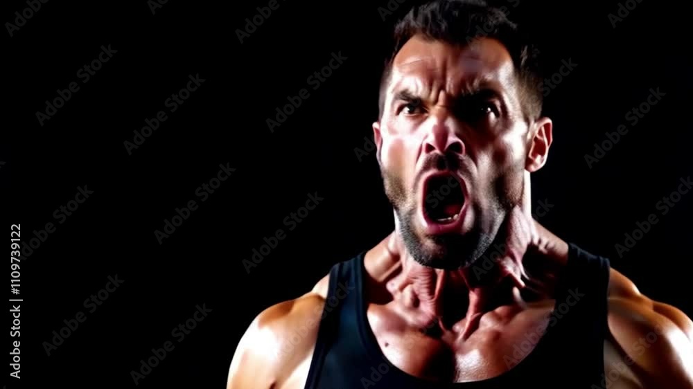 Side studio portrait of an intense man in an undershirt, shouting loudly to release pent-up emotions, set against a dark black background