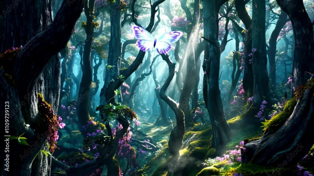 Glowing magic light butterfly fluttering through a mystical forest, creating a dreamy and enchanting fantasy scene. Glowing magic light butterfly fluttering through a mystical forest, creating a dreamy and enchanting fantasy scene.
