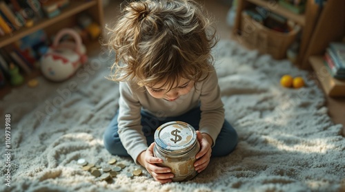 A child in a cozy room, sitting on the floor with an old money jar.
