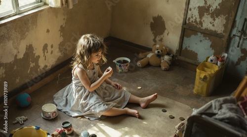 A little girl in a summer dress sits on the floor in an old room, holding a coin and looking at it thoughtfully.