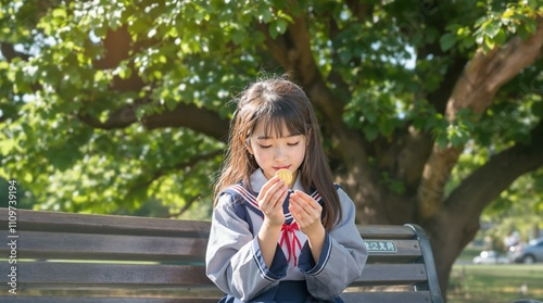 A little Asian girl in a Japanese school uniform sits on a park bench, looking at a coin in her hands. The background features a big tree.