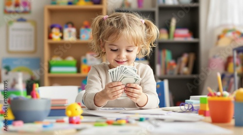 A child sitting at a table with books and papers, looking at money.