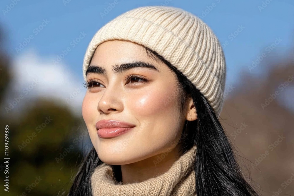 Smiling asian young female in knit hat and sweater outdoors Smiling asian young female in knit hat and sweater outdoors