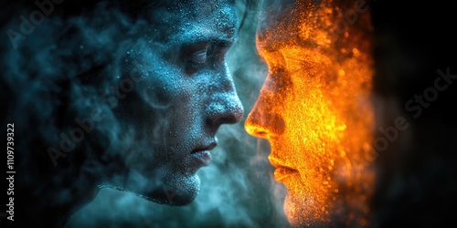 Fiery and icy faces of young adults in ethereal encounter