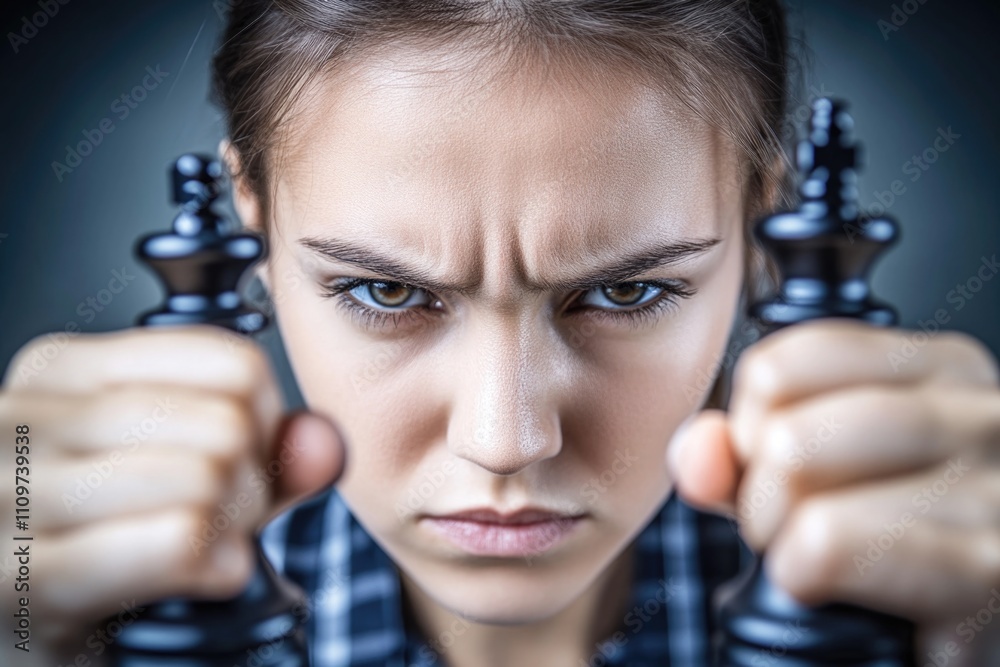 Intense young caucasian female strategically holding chess pieces close-up Intense young caucasian female strategically holding chess pieces close-up