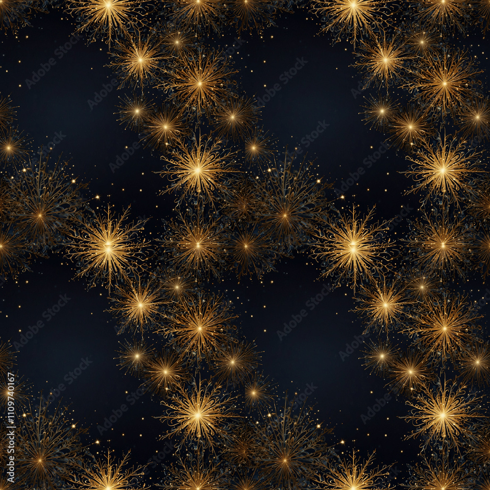 Naklejka premium Golden yellow floral seamless pattern on black background Stars