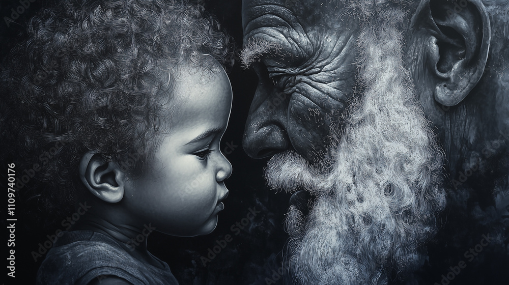 A touching black-and-white portrait of a young child and an elderly man, facing each other closely, symbolizing generational connection and deep emotion. A touching black-and-white portrait of a young child and an elderly man, facing each other closely, symbolizing generational connection and deep emotion.