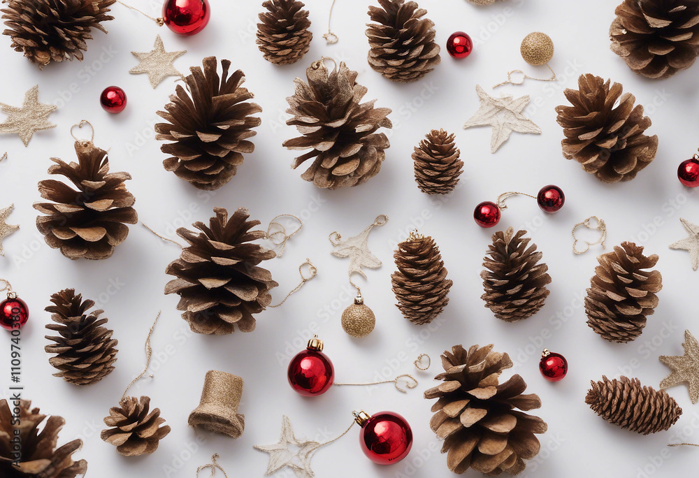 Flat lay of Christmas ornaments pine cones and festive decorations arranged on a white background tr Flat lay of Christmas ornaments pine cones and festive decorations arranged on a white background tr