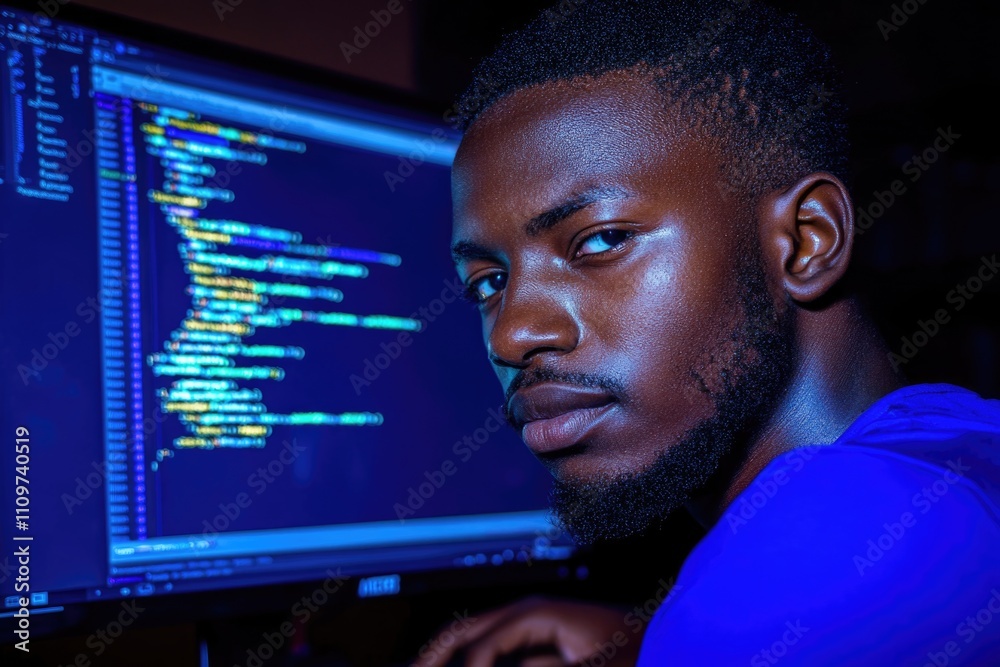 Young african male coder working on computer in dark room Young african male coder working on computer in dark room