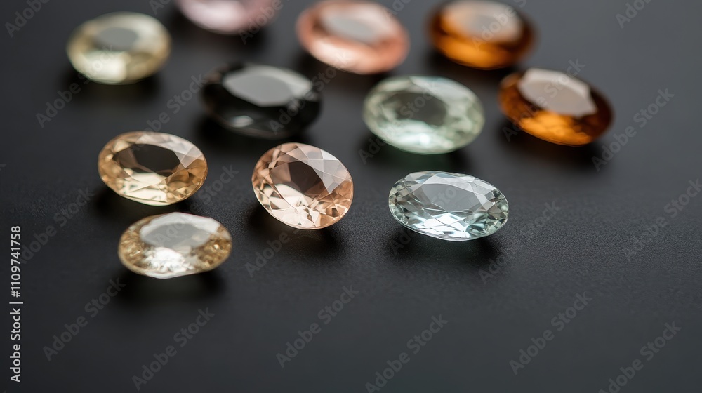 Oval Cut Gemstones Neatly Arranged on a Dark Background Surface Oval Cut Gemstones Neatly Arranged on a Dark Background Surface