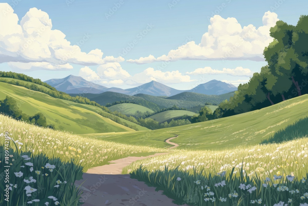 Fototapeta premium an idyllic countryside landscape with rolling hills, meadows, and distant mountains under a clear blue sky.