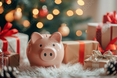 Holiday Savings: Piggy Bank and Festive Gifts Under a Christmas Tree for Financial Planning photo