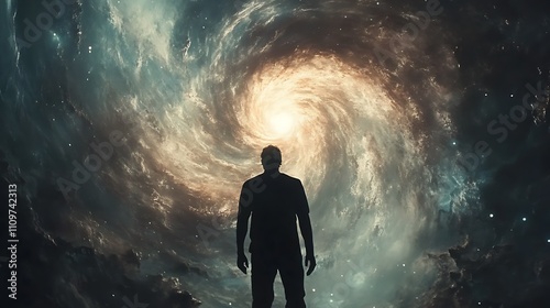 Man silhouetted against a swirling cosmic nebula, facing a bright light.