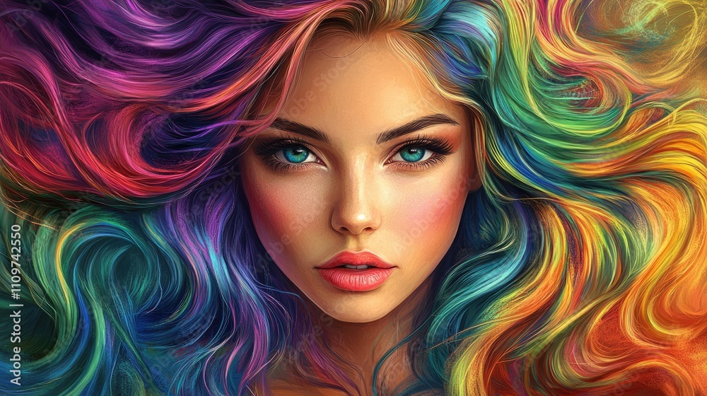 Obraz premium Stunning Young Woman with Vibrant Multi-Colored Tresses and Elegant Make-Up. A Rainbow of Beauty in Every Strand