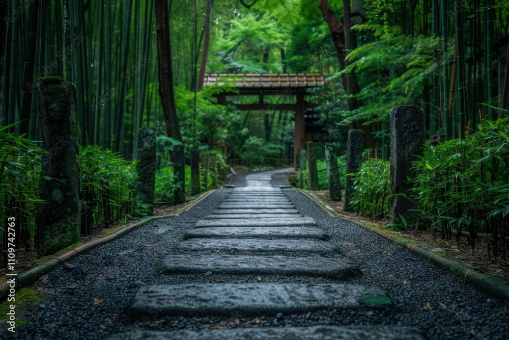 Enchanting Bamboo Forest Pathway Leading to a Traditional Wooden Gate Enchanting Bamboo Forest Pathway Leading to a Traditional Wooden Gate