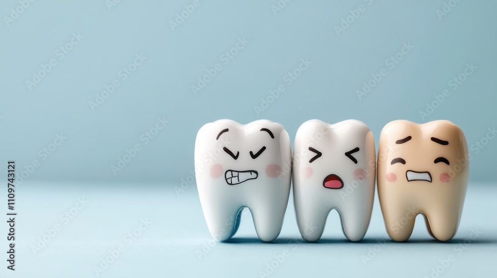 Cute Cartoon Teeth Characters Depicting Various Emotions, Happiness, Sadness, and Anger, Isolated on Light Blue Background for Dental Health Concepts