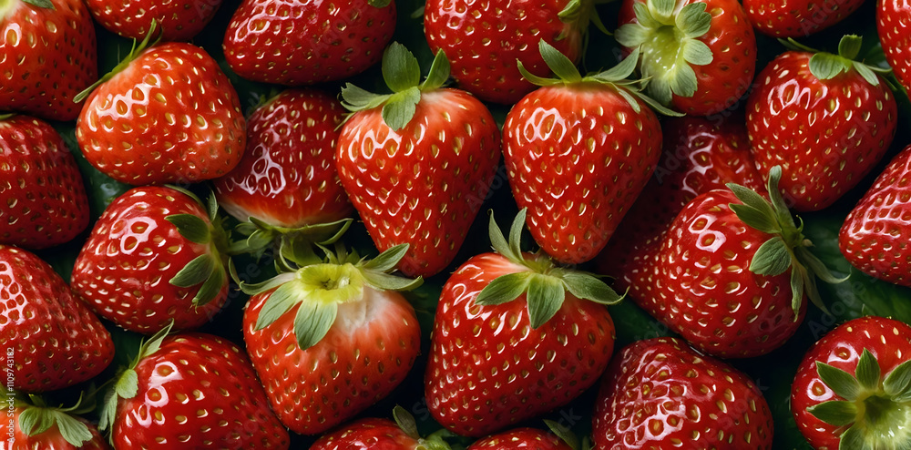 A vibrant set of fresh, ripe strawberries with a glossy red finish A vibrant set of fresh, ripe strawberries with a glossy red finish