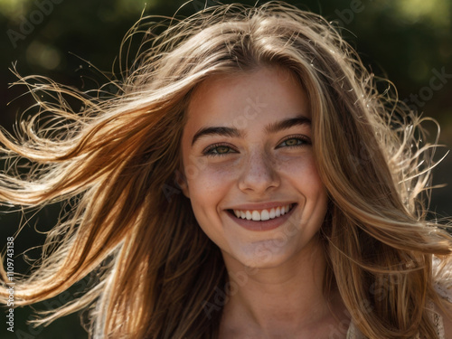 Mujer joven sonriendo durante un día soleado con su largo cabello ondeando al viento
