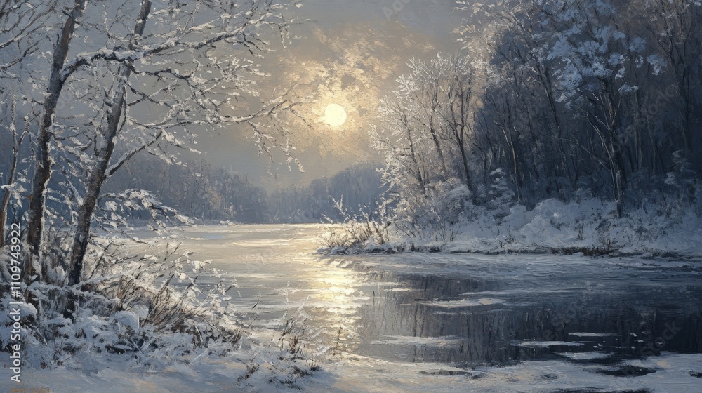 Winter sunrise, snow-covered trees, frozen river. Winter sunrise, snow-covered trees, frozen river.