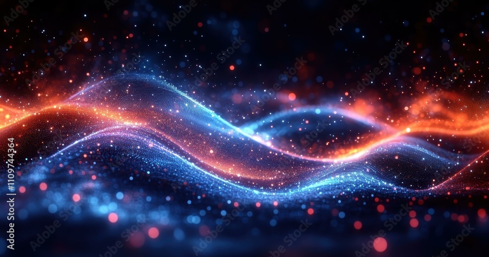A Blue and orange Dynamic digital illustration with undulating lines dots and waveforms in vibrant blue and orange shades A Blue and orange Dynamic digital illustration with undulating lines dots and waveforms in vibrant blue and orange shades