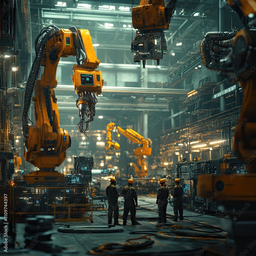 Advanced robotic systems operate in a high-tech manufacturing facility under the supervision of skilled engineers, emphasizing progress and technology. Advanced robotic systems operate in a high-tech manufacturing facility under the supervision of skilled engineers, emphasizing progress and technology.