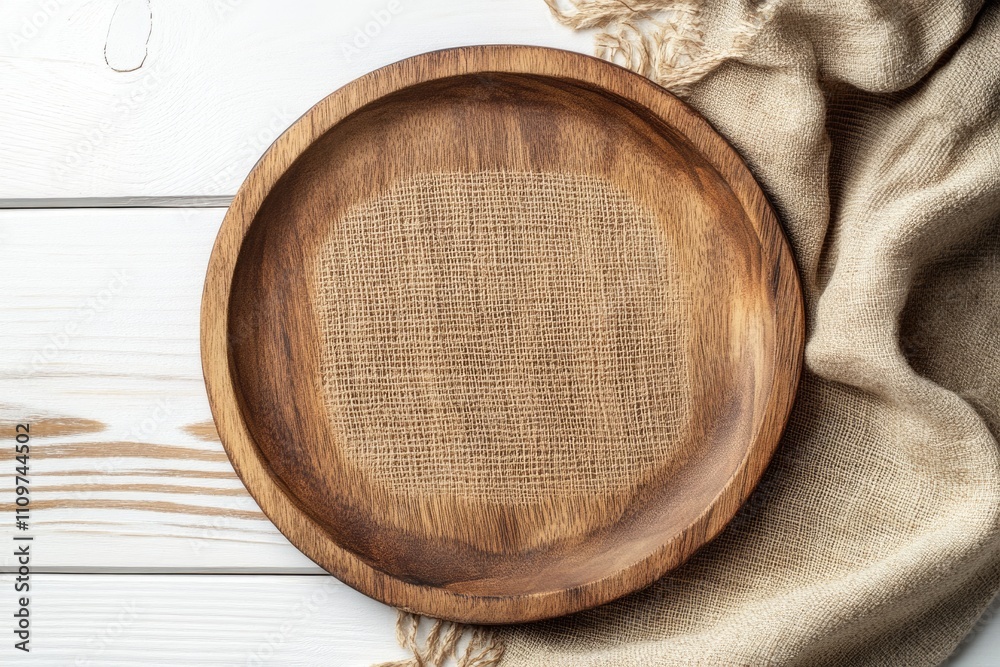 Round Wooden Dish Surrounded by Rustic Burlap on White Table - Top View with Natural Textures Round Wooden Dish Surrounded by Rustic Burlap on White Table - Top View with Natural Textures