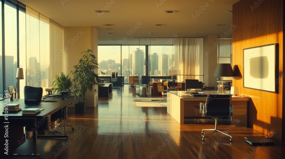 A cinematic still of a modern open office space featuring sleek wood floors, contemporary furniture, and a glass wall that opens up the space.