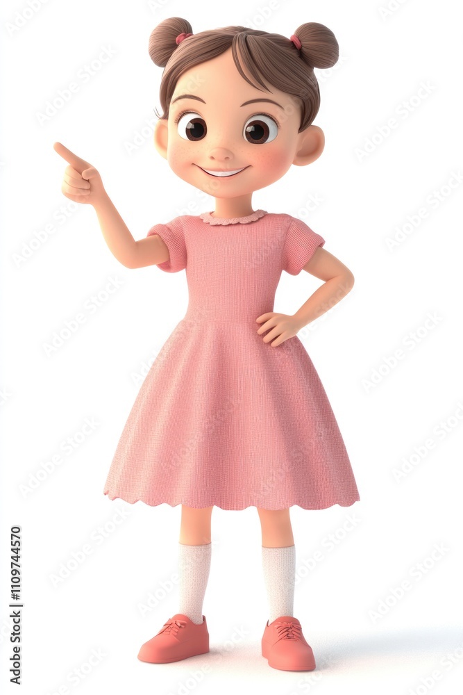 Cheerful Young Cartoon Girl in Pink Dress Gesturing with a Smile on a Clean White Background – 3D Illustration for Fun Educational Content Cheerful Young Cartoon Girl in Pink Dress Gesturing with a Smile on a Clean White Background – 3D Illustration for Fun Educational Content