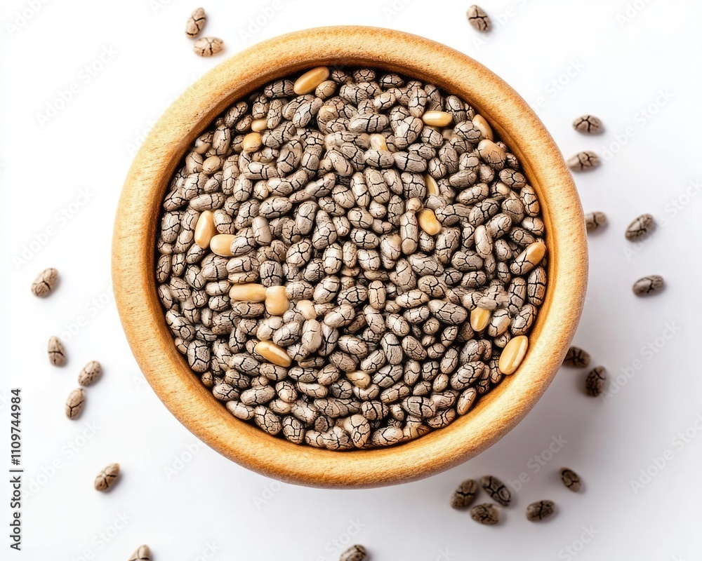 Chia Seed Display on Pristine White Canvas - Top View of Healthy Superfood in a Bowl Chia Seed Display on Pristine White Canvas - Top View of Healthy Superfood in a Bowl