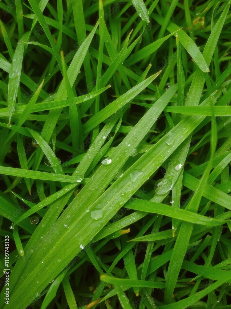 Lush and vibrant green grass texture close-up with dew drops, nature, grass