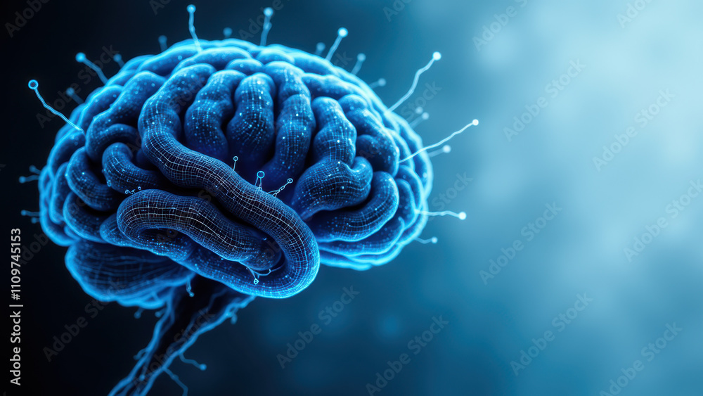 Obraz premium A graphic illustration of an AI brain with a blue background and highlighted synapses, symbolizing artificial general intelligence.